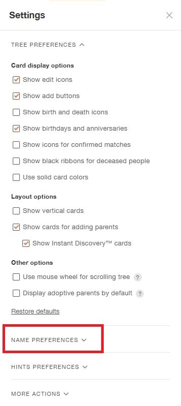 The family tree settings menu