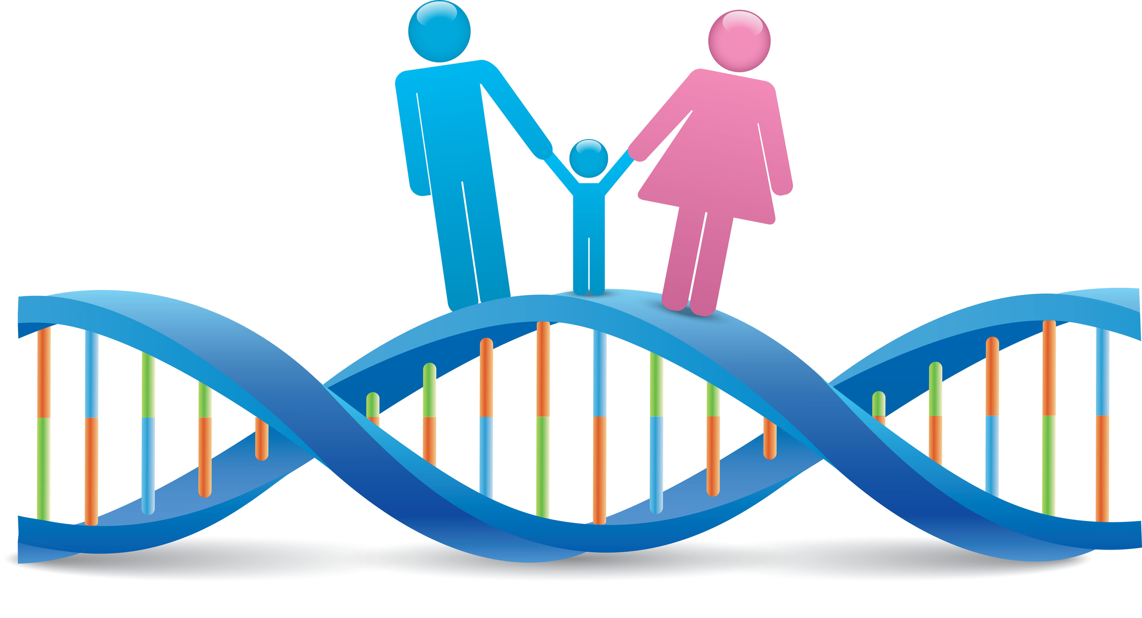 How much DNA do you share with your parents? Illustration of parents and child on DNA strand
