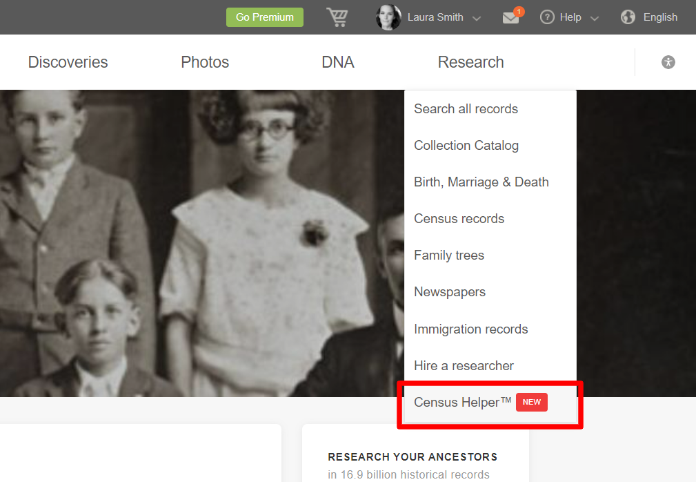 Census Helper™ in the Research menu on MyHeritage